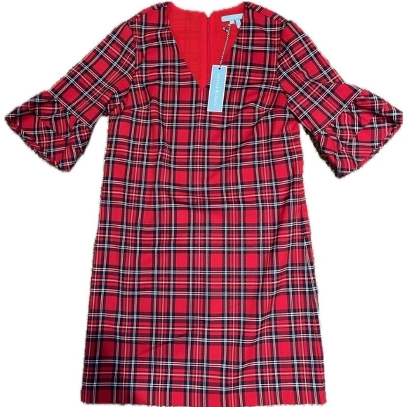 Draper James Lipstick Red Multi Angie Check Ruffle Sleeve Shift Lined Sz 0 Dress - Picture 1 of 13